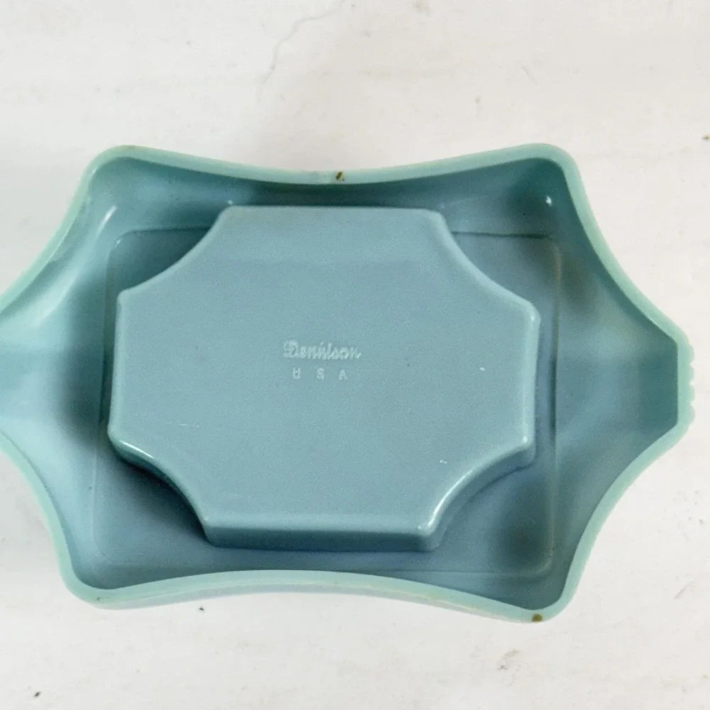 Vintage Dennison Blue Plastic Ring Box Art Deco Velvet Jewelry Case USA